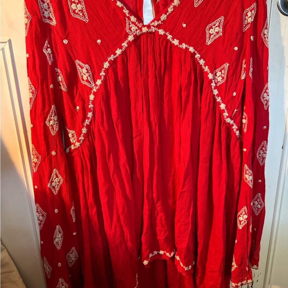 Free People Red Diamonds Embroidered Blouse